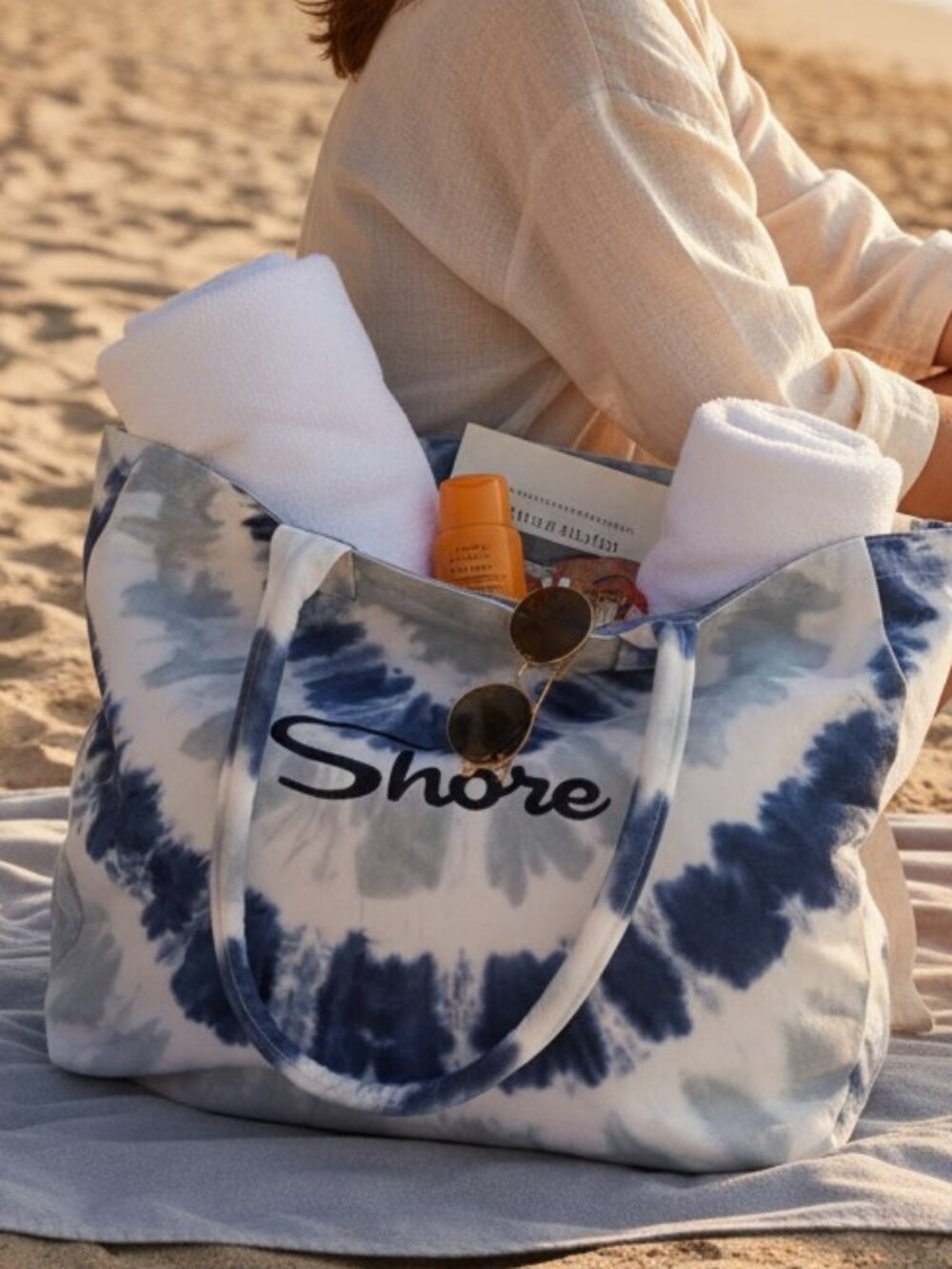 Shore Blue Gray Tie Dye Large Cotton Beach Pool Tote Bag